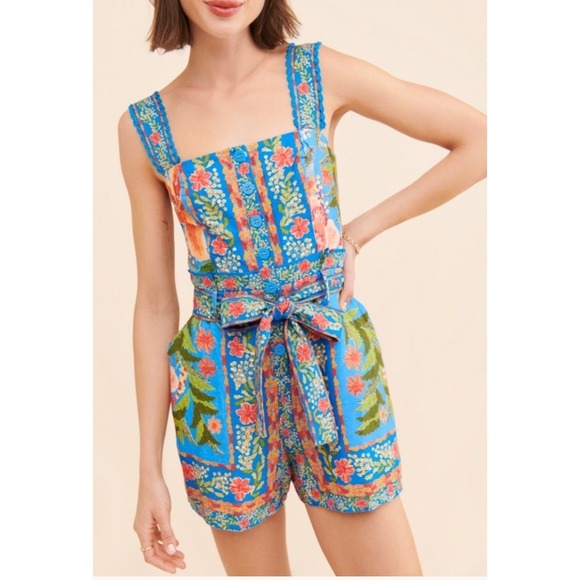FARM Rio Pants - Farm Rio Stitched Garden Romper Floral Print Button Front Tie Waist Womens Small